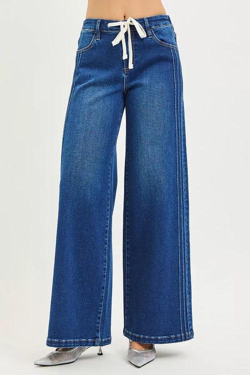 Hazel Blues® | RISEN Mid Rise Wide Side Pintuck Jeans with Front Drawstring