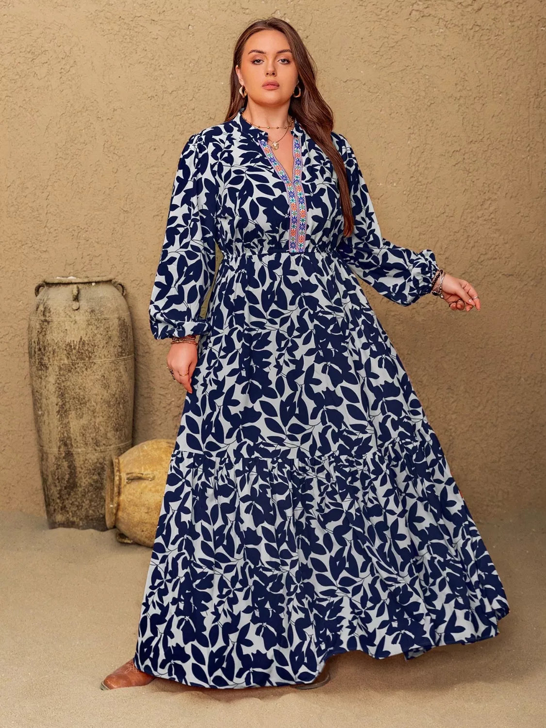 Hazel Blues® | Floral Print Notched Long Sleeve Maxi Dress