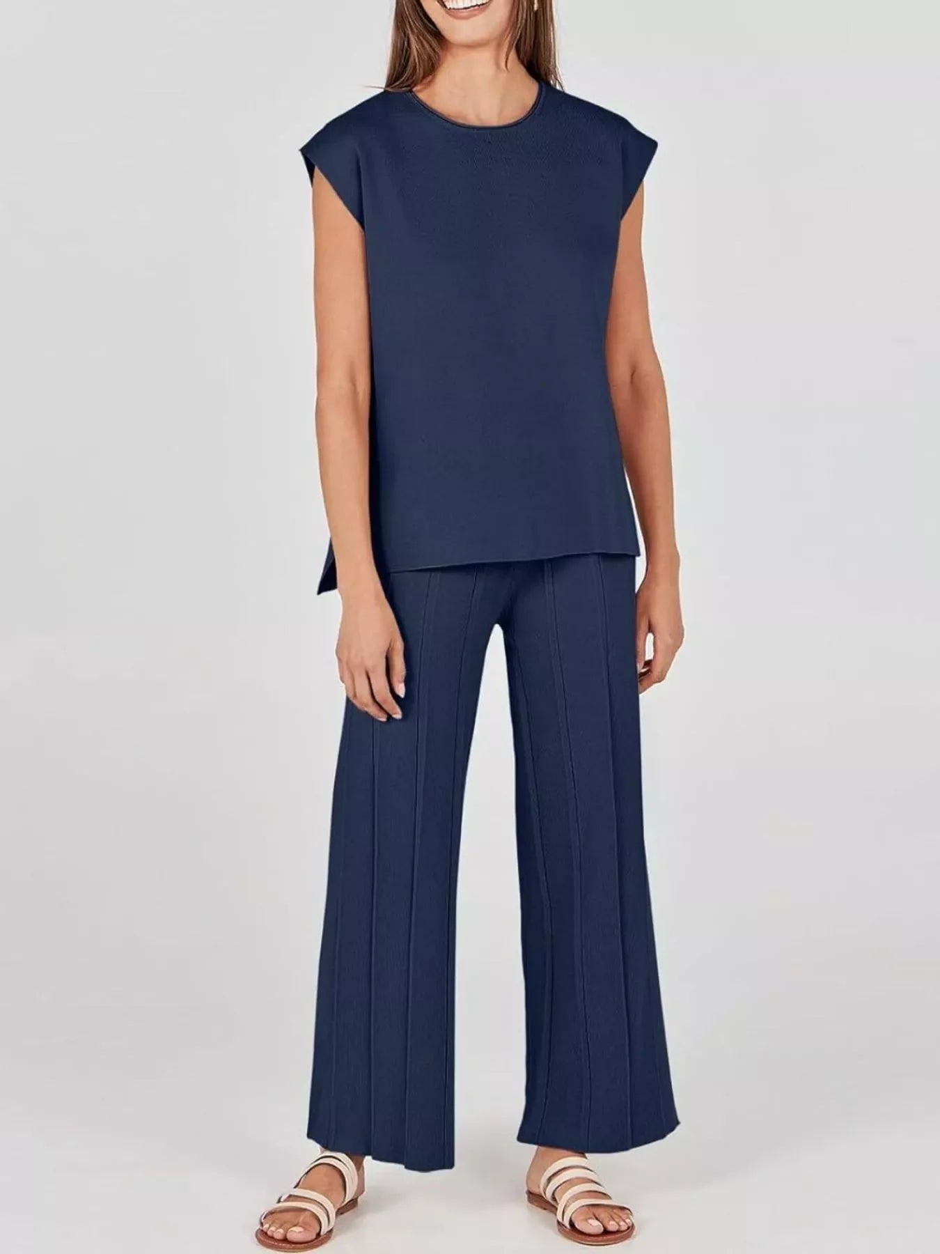 Hazel Blues® |  Casual Solid Color Cap Sleeve Top and Pants Knit Set