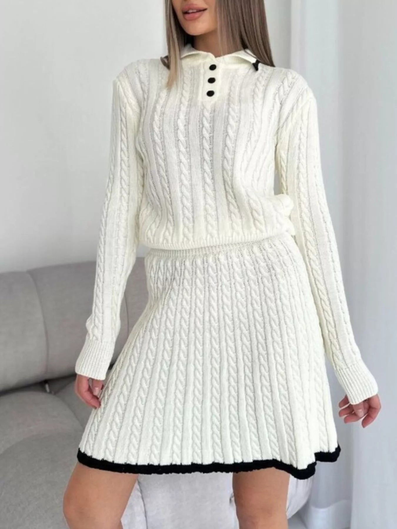 Hazel Blues® |  Cable Knit Long Sleeve Top and Skirt Sweater Set