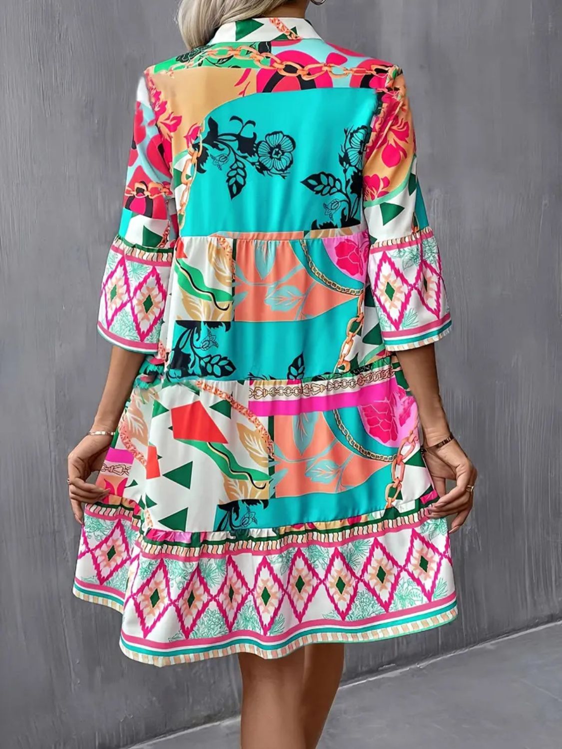 Hazel Blues® |  Printed Notched 3/4 Sleeve Tiered Dress