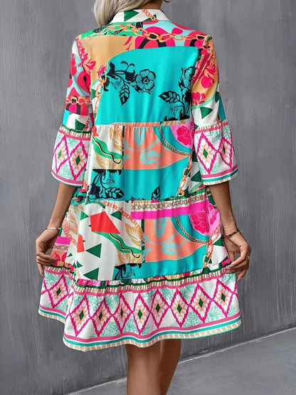 Hazel Blues® |  Printed Notched 3/4 Sleeve Tiered Dress
