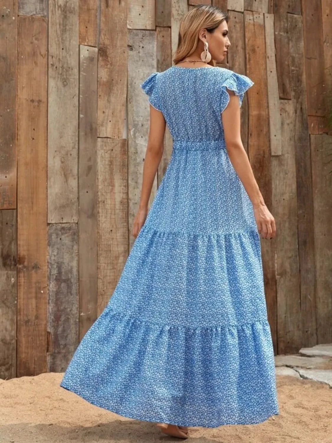 Hazel Blues® |  Printed V-Neck Ruffled Cap Sleeve Maxi Dress