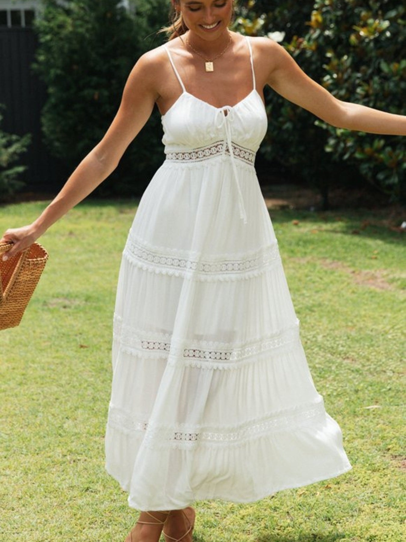 Hazel Blues® |  Lace Trimmed Tiered Midi Cami Dress
