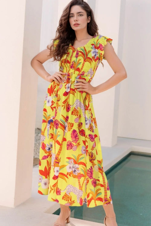Hazel Blues® |  Cheetah Plant Print Shirred Button V Neck Maxi Dress