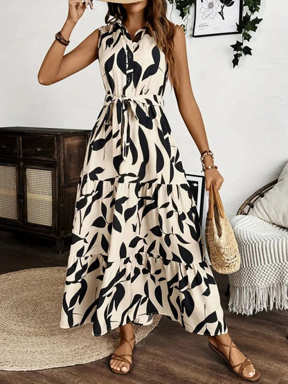 Hazel Blues® |  Printed Tie Waist Sleeveless Maxi Dress