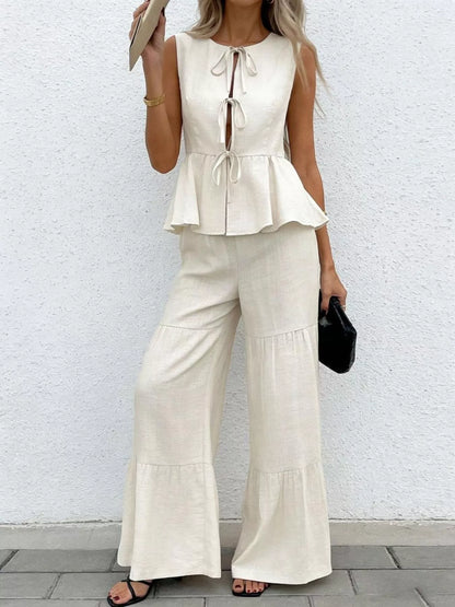 Hazel Blues® |  Sleeveless Tie-Front Top and Wide Leg Pants Set
