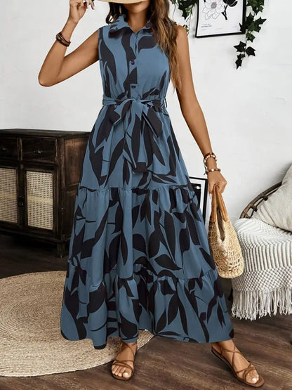 Hazel Blues® |  Printed Tie Waist Sleeveless Maxi Dress