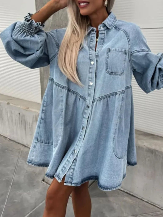 Hazel Blues® |  Oversized Long Sleeve Button-Up Denim Dress
