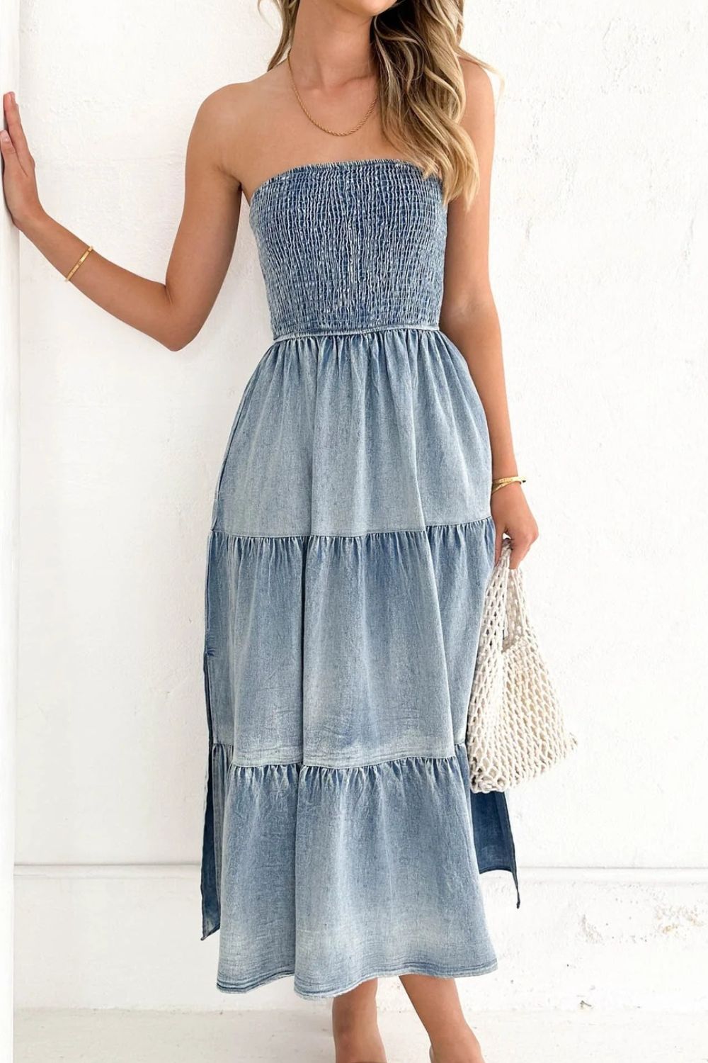 Hazel Blues® |  Smocked Tube Slit Tiered Denim Dress