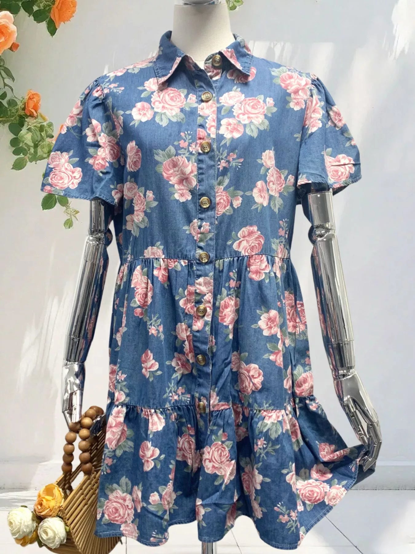 Hazel Blues® |  Floral Print Denim Button-Down Tiered Mini Dress