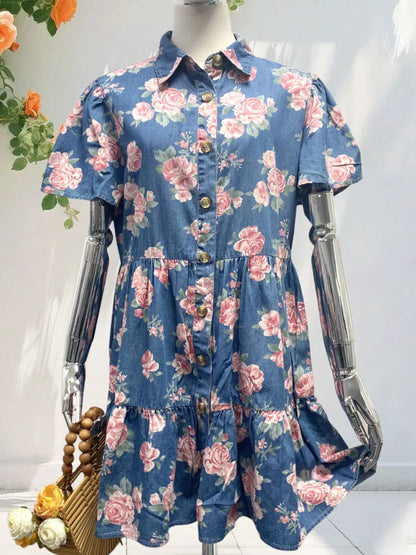 Hazel Blues® |  Floral Print Denim Button-Down Tiered Mini Dress