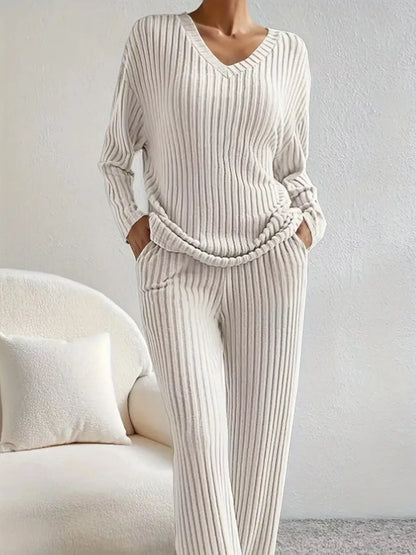 Hazel Blues® |  Ribbed Knit V-Neck Top and Pants Set