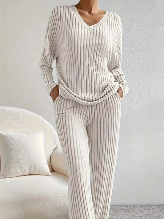 Hazel Blues® |  Ribbed Knit V-Neck Top and Pants Set