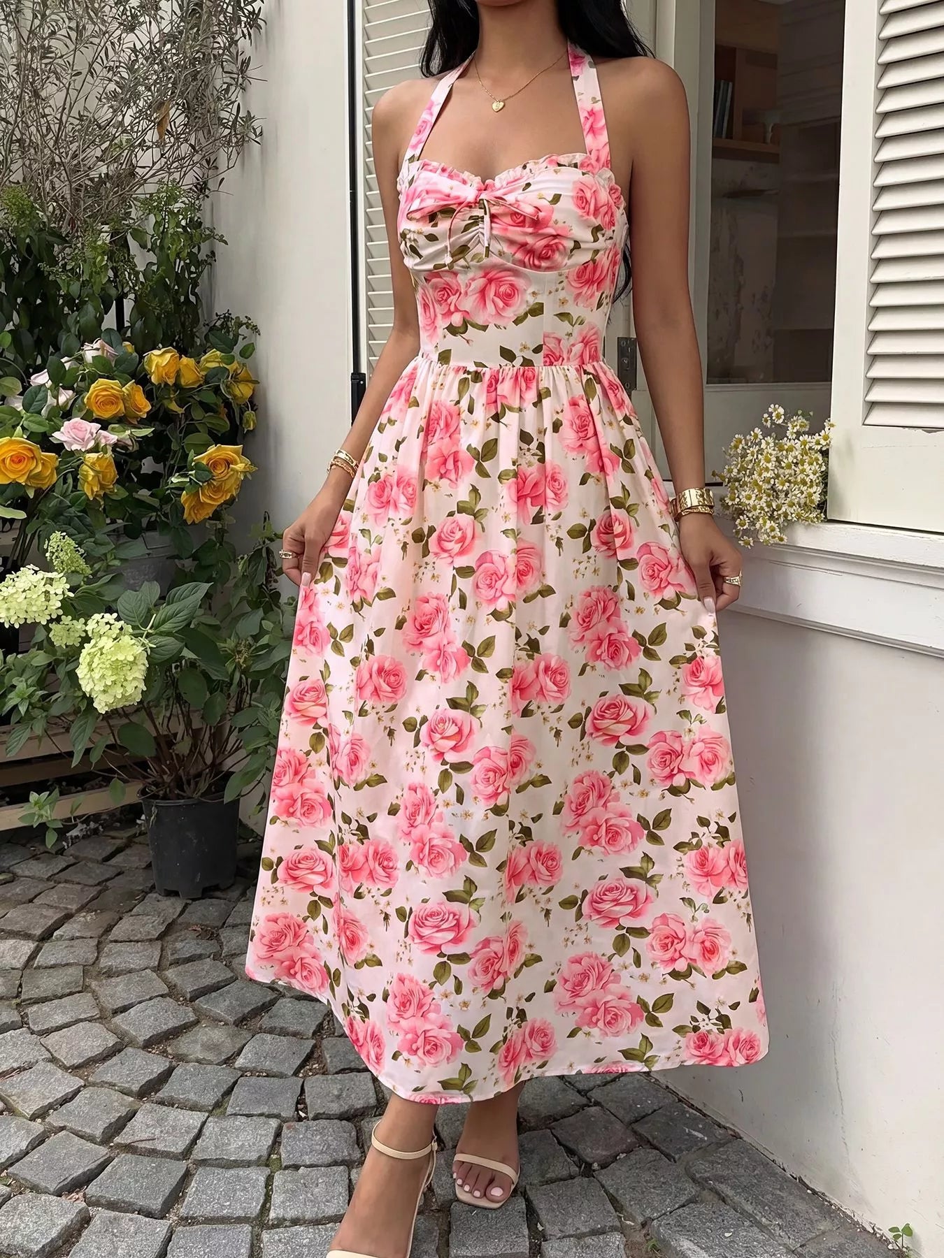Hazel Blues® |  Floral Print Halter Neck Midi Dress