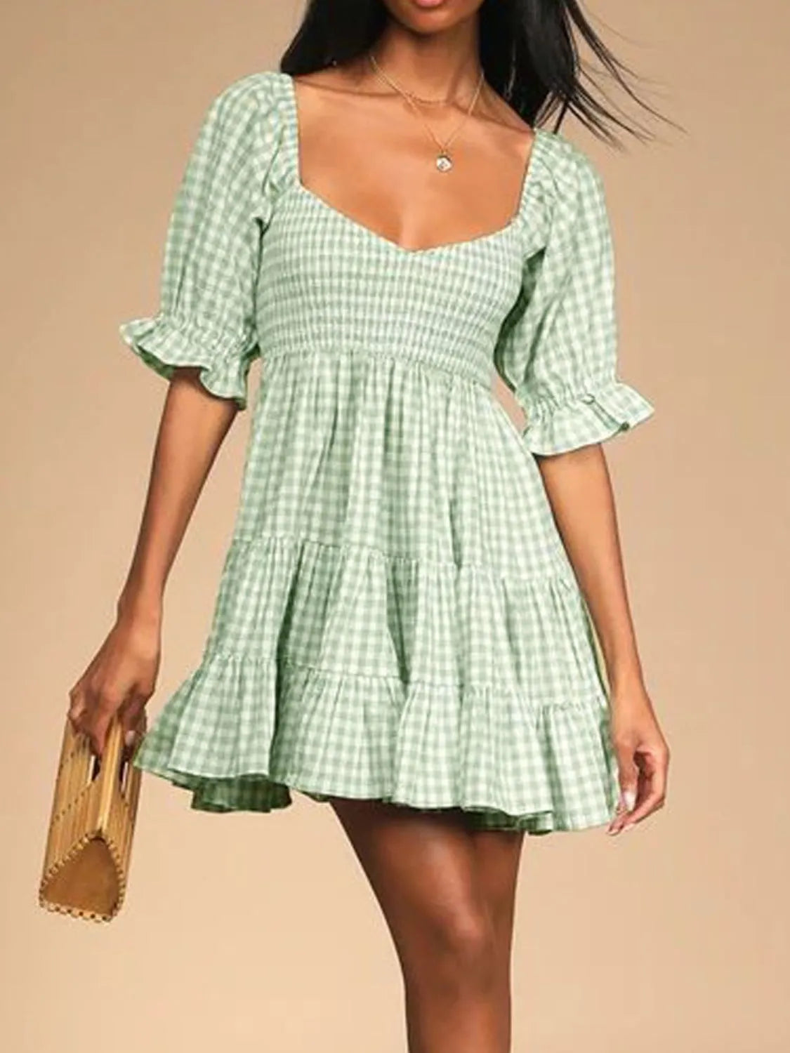 Hazel Blues® |  Ruffled Hem Plaid Half Sleeve Mini Dress
