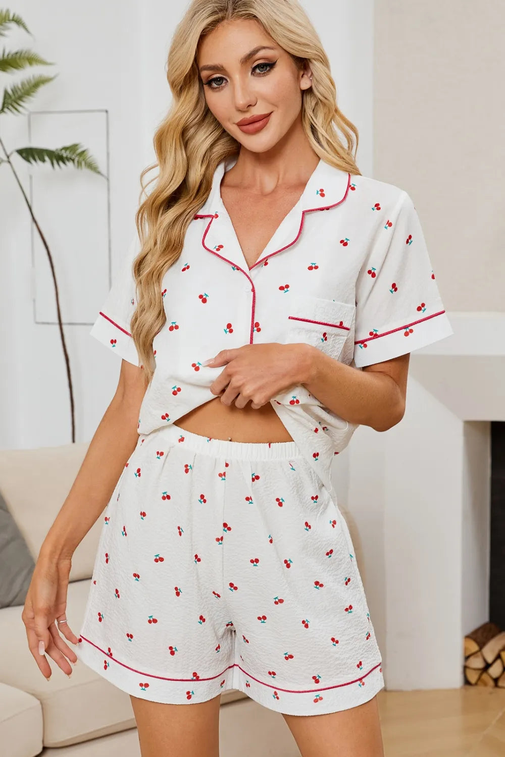 Hazel Blues® |  Cheery Print Collared Neck Top and Shorts Lounge Set