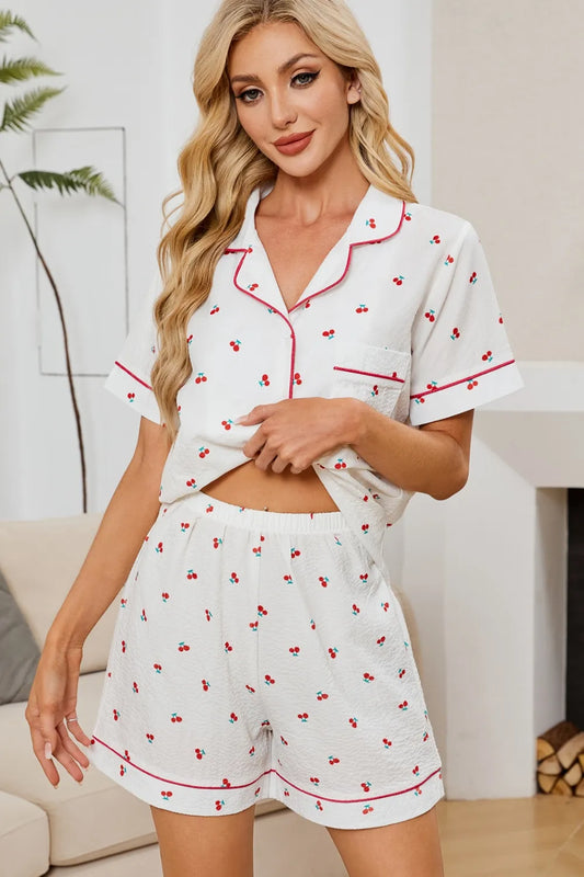 Hazel Blues® |  Cheery Print Collared Neck Top and Shorts Lounge Set
