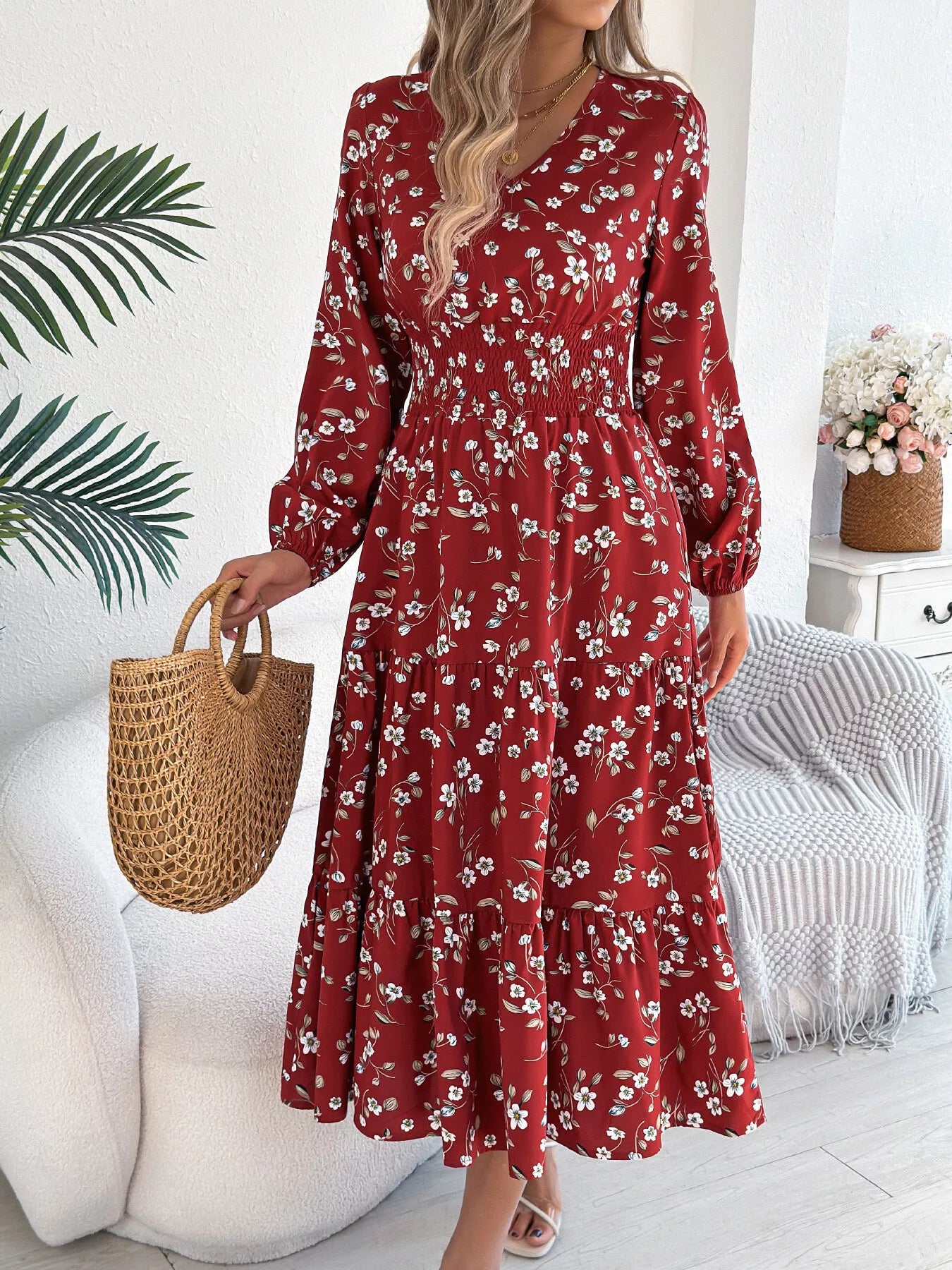 Hazel Blues® |  Floral Print Long Sleeve V-Neck Midi Dress