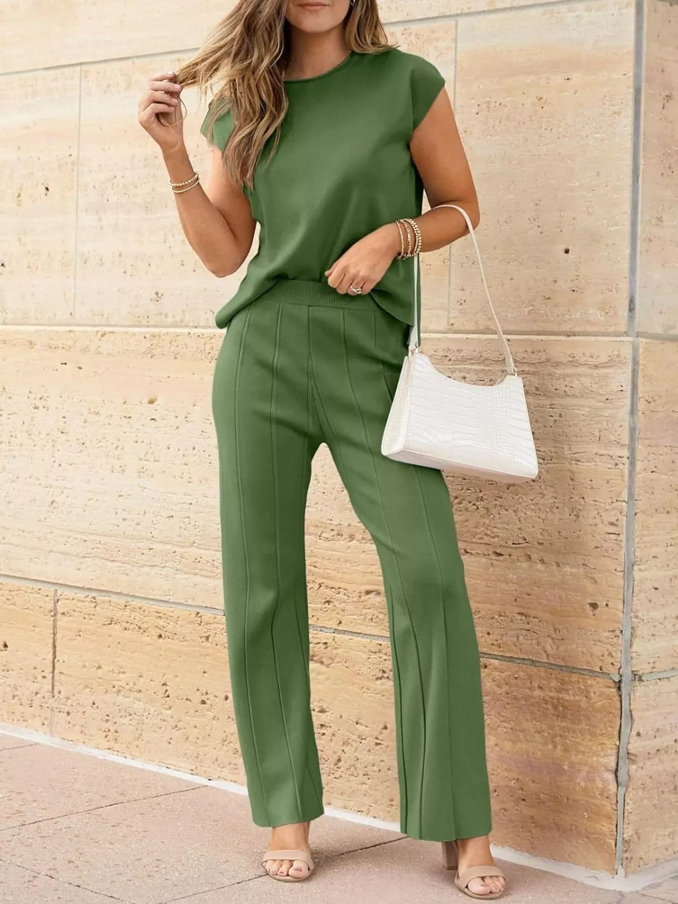 Hazel Blues® |  Casual Solid Color Cap Sleeve Top and Pants Knit Set