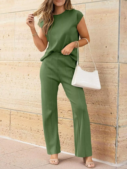 Hazel Blues® |  Casual Solid Color Cap Sleeve Top and Pants Knit Set