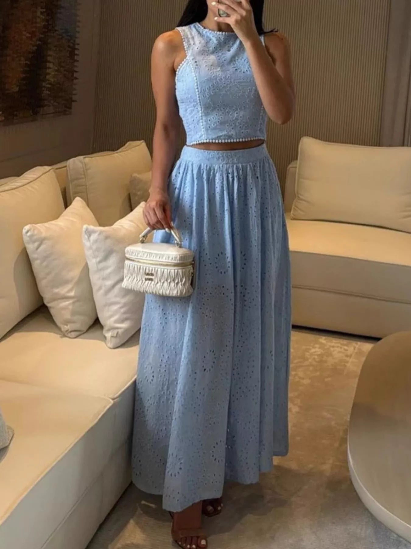Hazel Blues® |  Eyelet Crop Top and Maxi Skirt Set