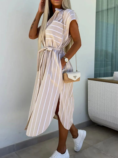 Hazel Blues® |  Striped Tie Waist Short Sleeve Dress