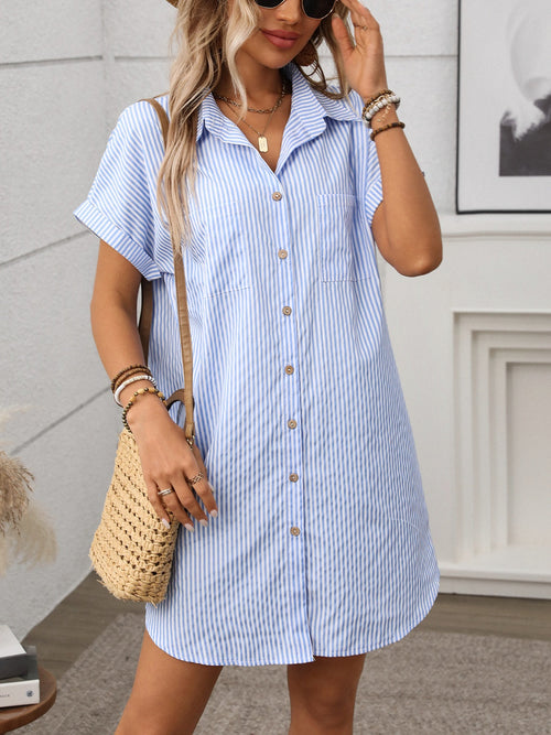 Hazel Blues® |  Striped Button Down Short Sleeve Mini Dress