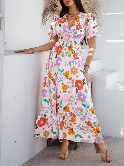 Hazel Blues® |  Devine Smocked Printed V-Neck Short Sleeve Maxi Dress