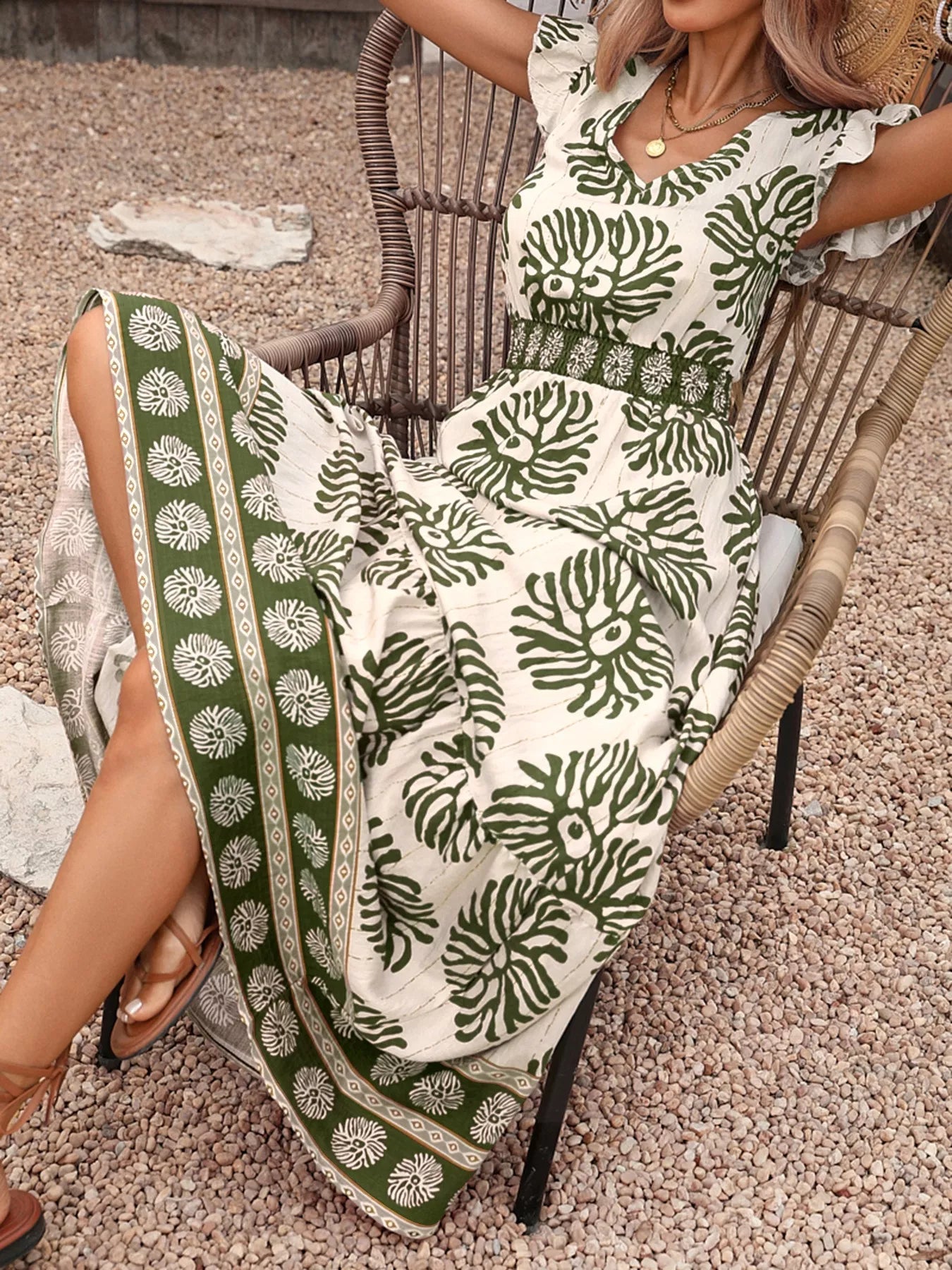 Hazel Blues® |  Printed V-Neck Cap Sleeve Maxi Dress