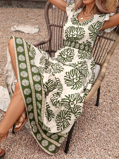 Hazel Blues® |  Printed V-Neck Cap Sleeve Maxi Dress
