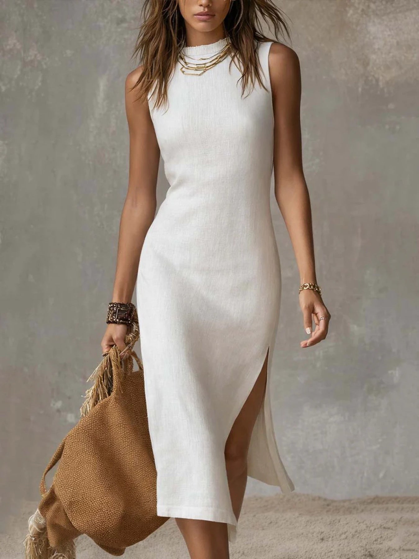 Hazel Blues® | Sleeveless Mock Neck Slit Midi Dress