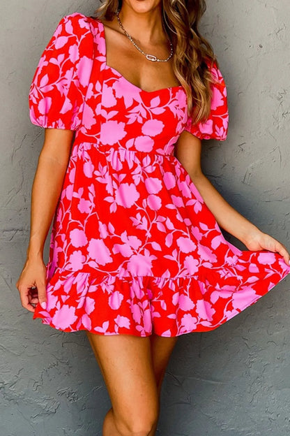Hazel Blues® |  Floral Puff Sleeve Sweetheart Neck Ruffled Mini Dress