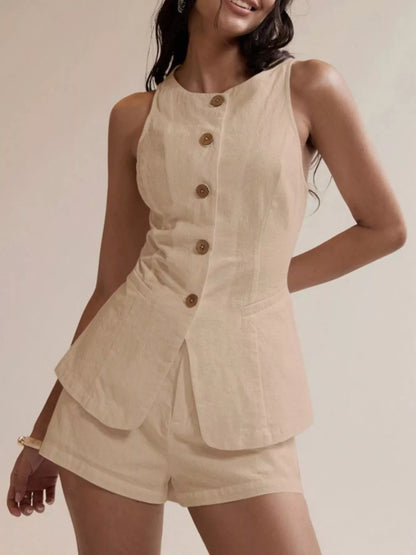 Hazel Blues® |  Button-Down Sleeveless Top and Shorts Set
