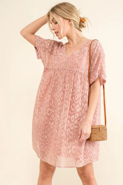 Hazel Blues® |  And The Why Woven Leopard Baby Doll Roll-Sleeve Casual Dress