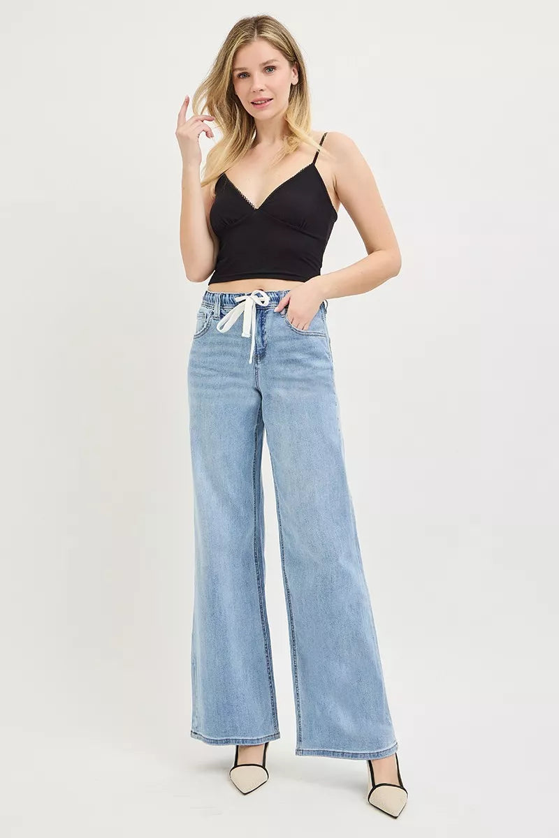 Hazel Blues® |  RISEN Elastic Band Slouchy Wide Jeans with Drawstring