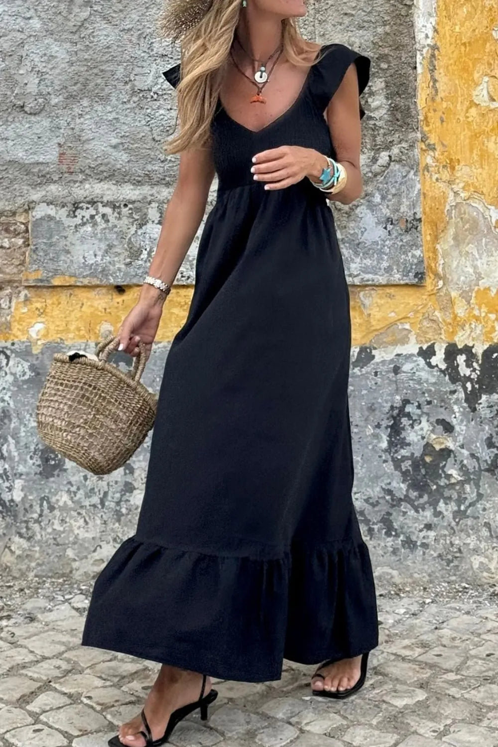 Hazel Blues® |  V Neck Ruffled Cap Sleeve Smocked Maxi Dress