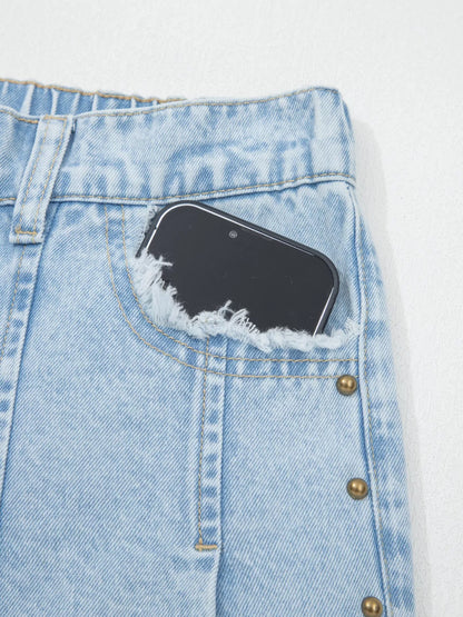 Hazel Blues® |  Studded Side Slit Leg Frayed Pocketed Wide Leg Jeans