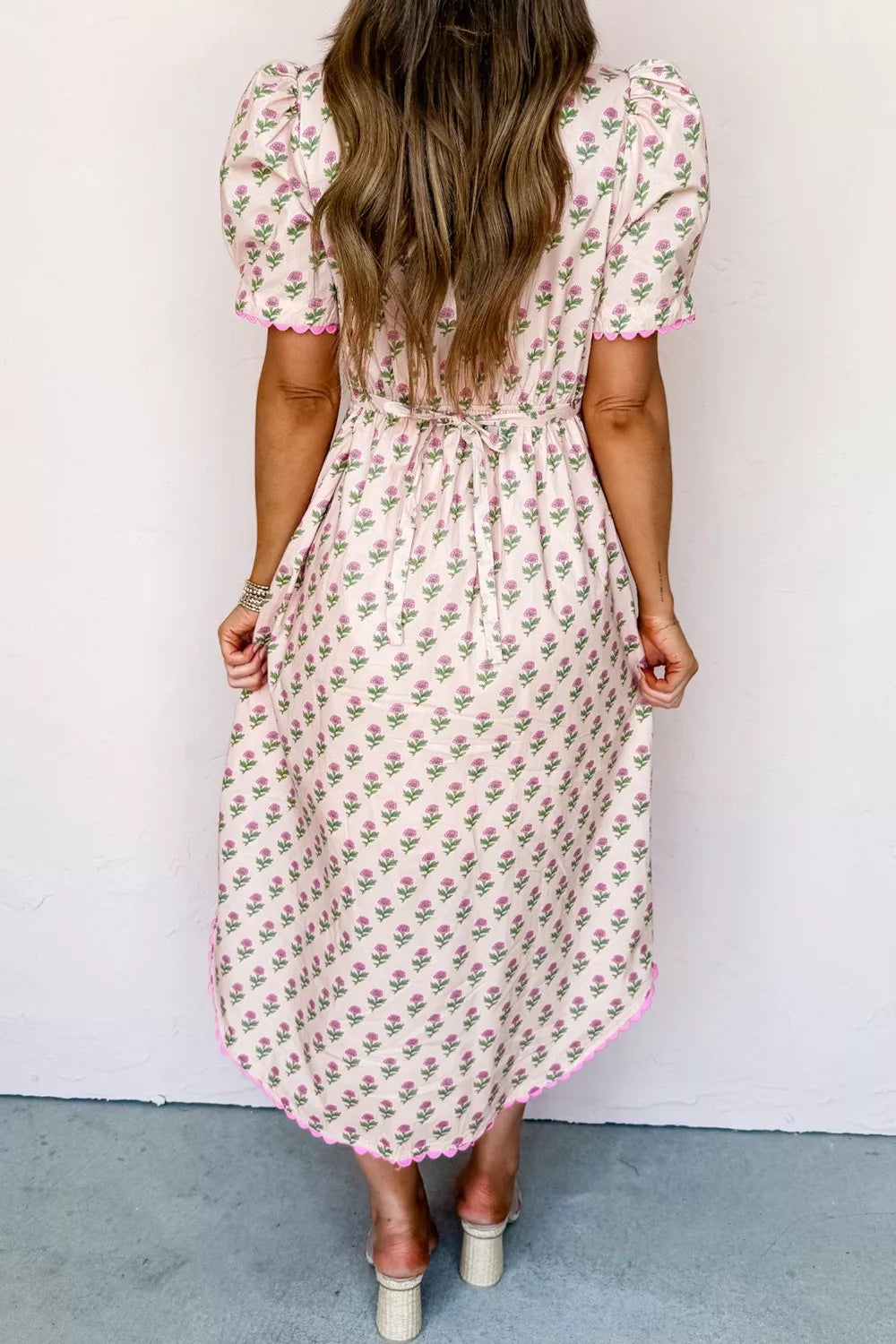 Hazel Blues® |  Floral Print V Neck Scallop Trim Button Front Short Sleeve Dress
