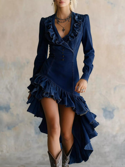 Hazel Blues® | Ruffled High-Low Denim Dress