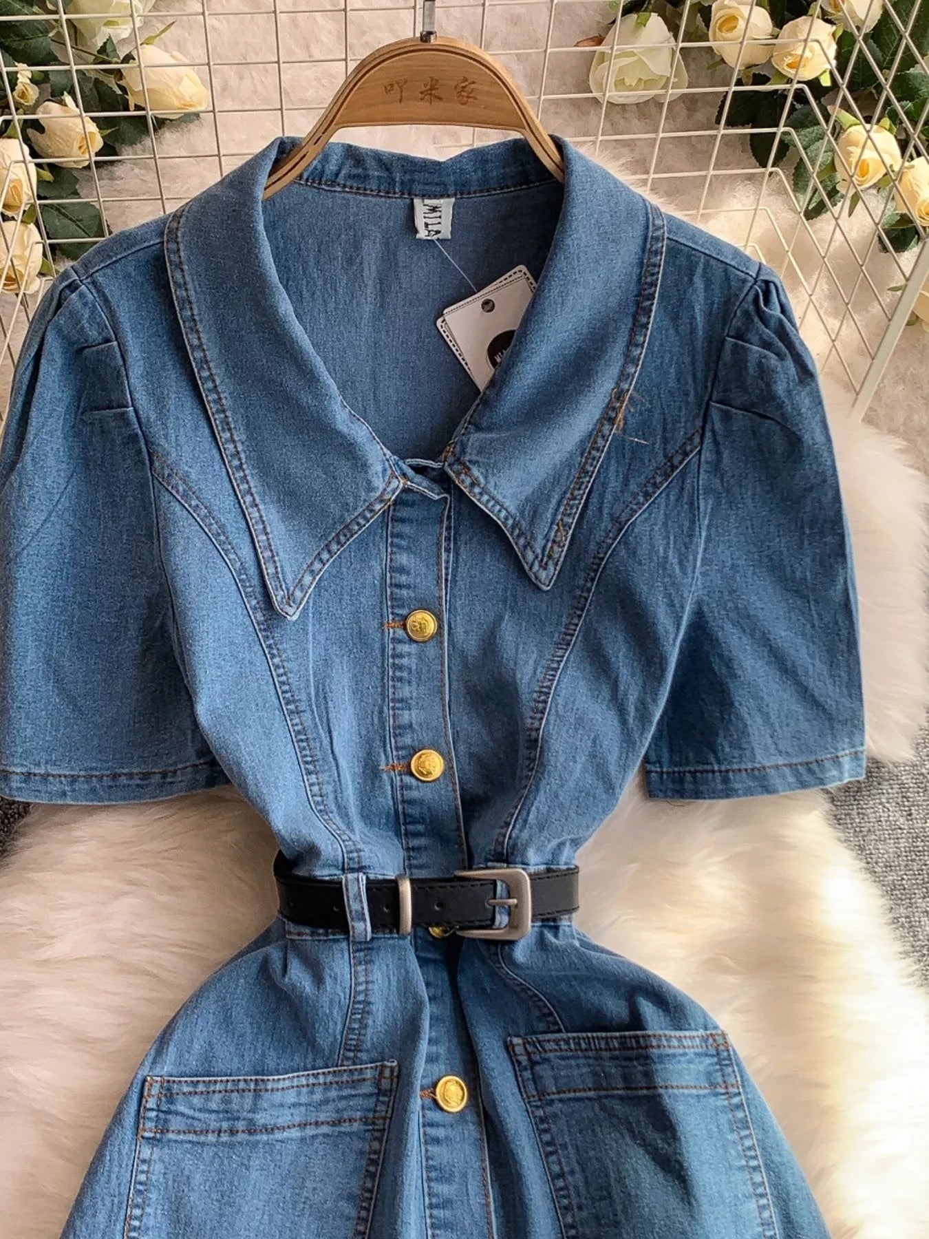 Hazel Blues® |  Button Front Short Sleeve Denim Dress