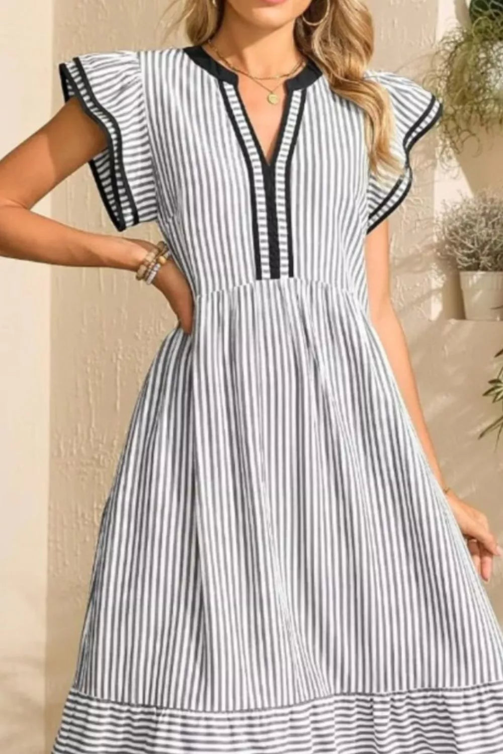 Hazel Blues® |  Striped Ruffle Sleeve Midi Dress