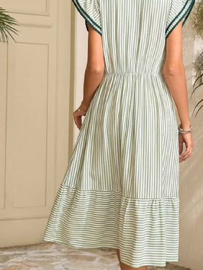 Hazel Blues® |  Striped Notched Ruffle Sleeve Dress