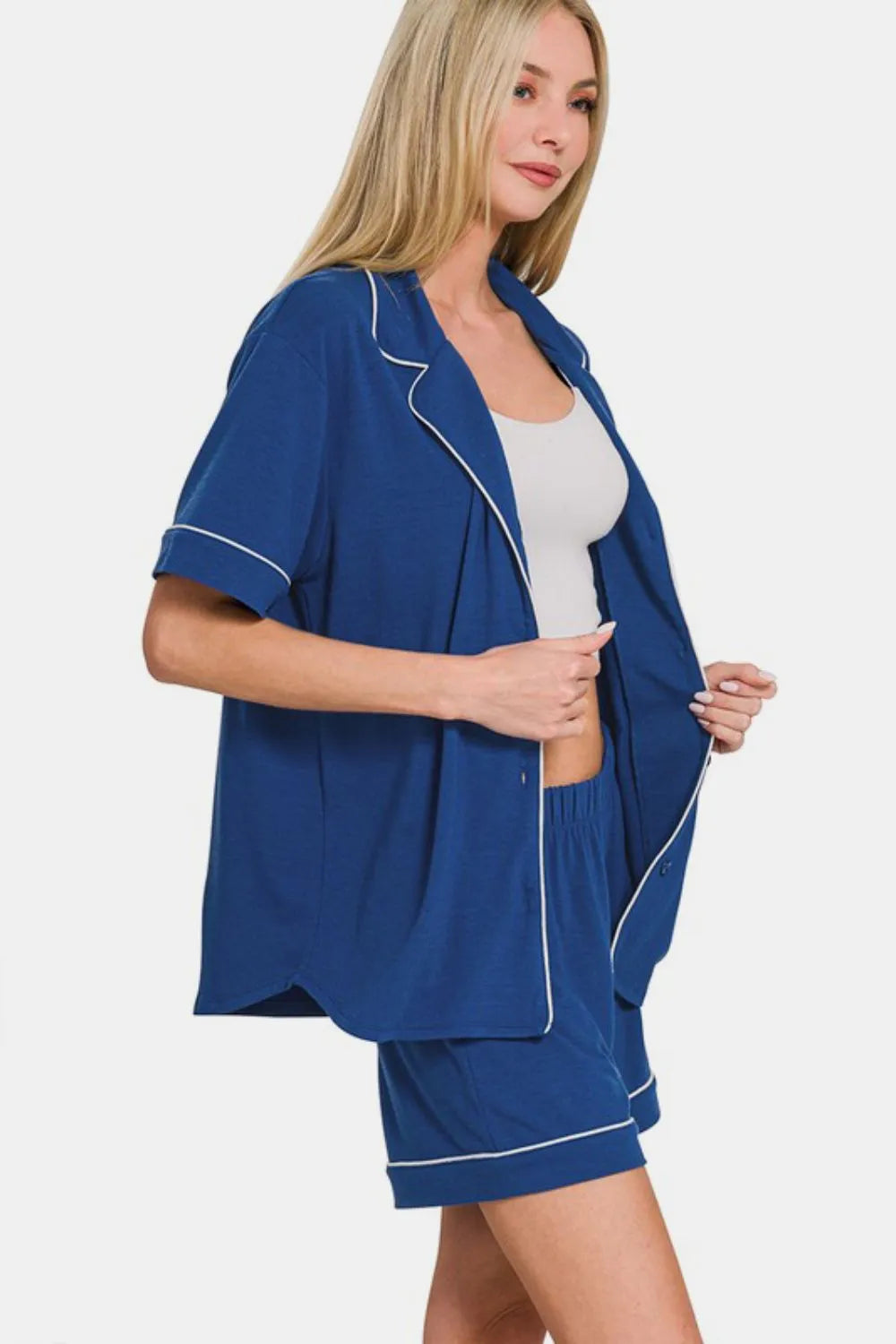 Hazel Blues® |  Zenana Button Down Short Sleeve Top and Shorts Lounge Set