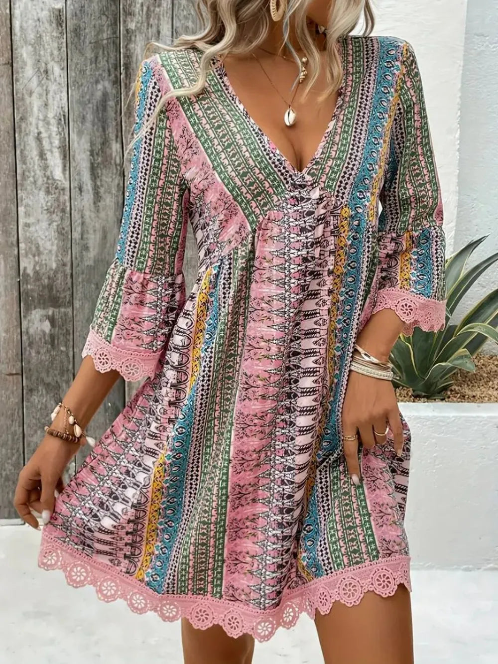 Hazel Blues® |  Lace Trim Printed V-Neck 3/4 Sleeve Dress
