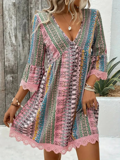 Hazel Blues® |  Lace Trim Printed V-Neck 3/4 Sleeve Dress