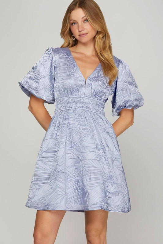 Hazel Blues® |  She + Sky Crinkle Woven V-Neck Balloon Sleeve Mini Dress