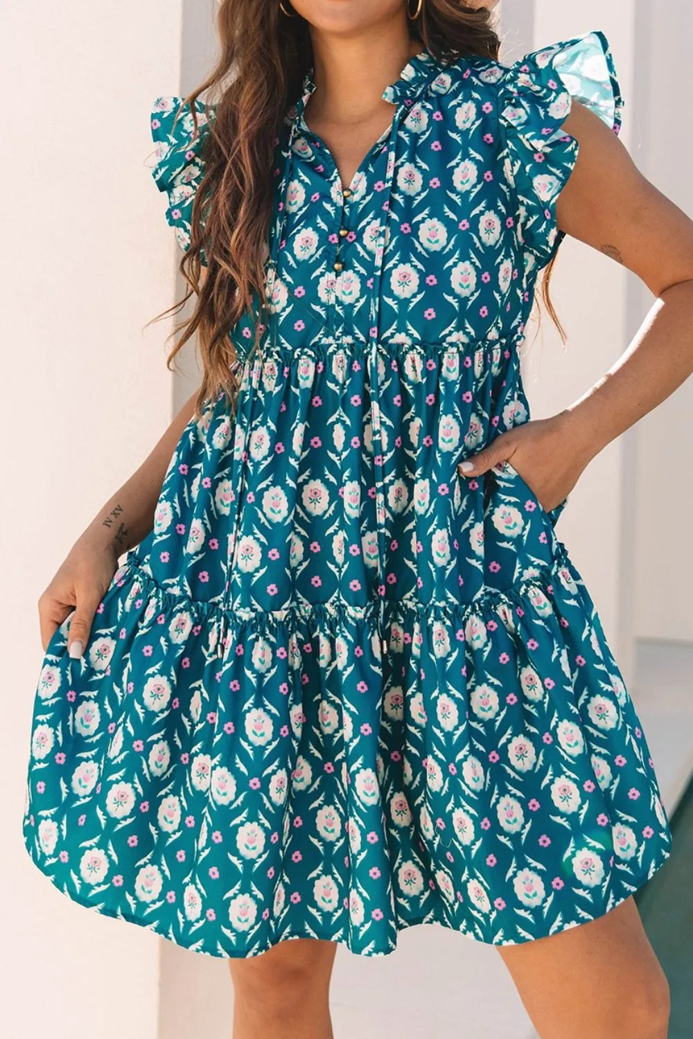 Hazel Blues® |  Printed Tie Neck Ruffled Cap Sleeve Dress