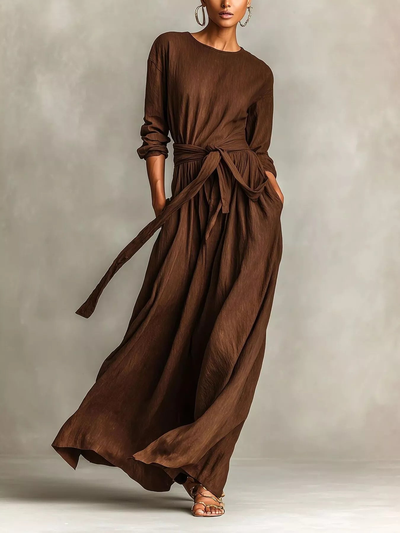 Hazel Blues® | Long Sleeve Tie Waist Maxi Dress