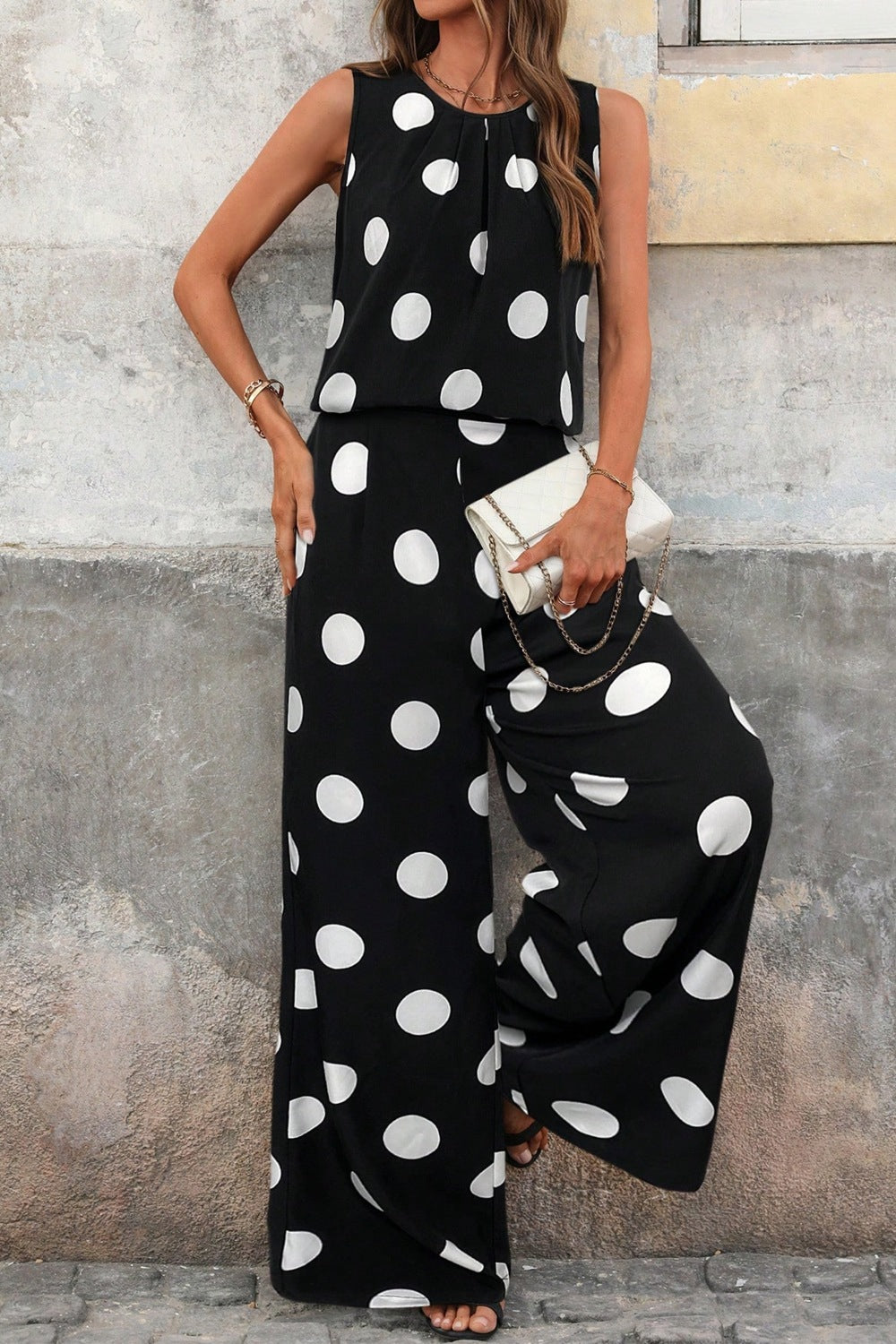 Hazel Blues® |  Sleeveless Polka Dot Top and Pants Set